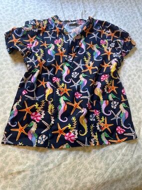 UA: Butter Soft Navy Ocean Life Scrub Top with Colorful Seahorses & Starfish